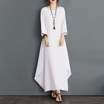 자칠 빅사이즈 린넨 솔리드 7부소매 롱원피스
