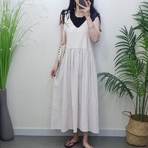 제이후 여름 루즈핏 민소매 셔링 A라인 플레어 끈 나시 롱 원피스