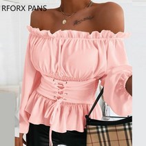 화이트 블랙 셔츠 레이스 오프숄더 블라우스 캐주얼 오프 숄더 레이스업 프론트 러플 스프링 탑 플러스 사이즈