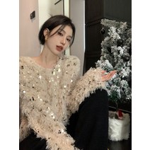 배색스팽글 반짝이 수입 브이넥 니트 롱 티 루즈핏 여성 겨울 스웨터 오버핏 SY