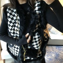 밍크퍼 베스트 털조끼 모피조끼 밍크 하운드투스 조끼 여성 겨울 벨벳 루즈핏 체크 모피 카라