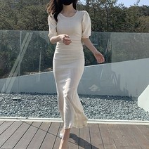 여성 코튼100 머메이드 롱 퍼프반팔 원피스 3colors