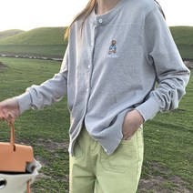 네모엔룩 여성용 테디랑 자수 라운드넥 베이직 긴팔 니트 가디건 NL