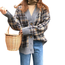 베러댓걸 여성용 가을 겨울 긴소매 브이넥 하운드투스 체크 도톰 니트 기본가디건