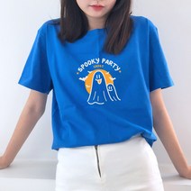 험블스튜디오 스푸키파티 프린팅 일러스트 여름 여성 반팔티 블루 반팔 티셔츠