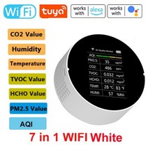 Tuya 7 인 1 Wifi 공기질 측정기 PM2.5 CO2 TVOC HCHO AQI 온도 습도 테스터 TFT 디스플레이 이산화탄소 검출기 지원 공기질 측정기 CO2 TVOC, 12 7 in 1 Wifi White B