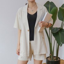 브리스살롱 (bs1988) 여름하객자켓에서 데이트룩 여성 오버핏 반팔 린넨 자켓