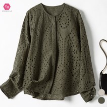 시크힐즈 라운드넥 자수 펀칭 긴팔 복고풍 블라우스 00132