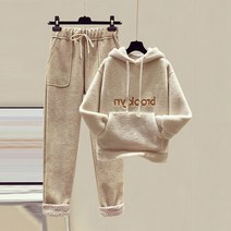 여자 두꺼운 후드 맨투맨 9부 모직 캐주얼 기모 팬츠 트레이닝복 상하의 세트