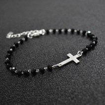 천주교성물 첫영성체선물 묵주 2020 새로운 디자인 스타일 옆으로 크로스 팔찌 블랙 비즈 골드 컬러 체인 팔찌 여성용, 실버 도금