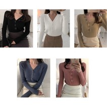 여성 니트티 브이넥 단추 골지 데일리 스웨터