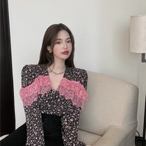 안녕릴리 여성 레이스 플라워 프린팅 로맨틱 블라우스 2010486BL