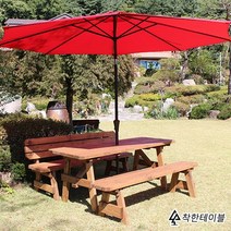착한테이블 전문목수 한쪽등받이 원목 야외테이블 세트 파라솔 별매 정원 평상 테라스 야외용, 8인 한쪽 등받이 도토리 도색