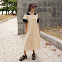 기타 바보사랑[앞머리]오버핏 린넨 배색 퍼프소매 롱 원피스