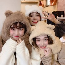 (니양몰) 1+1 귀여운 곰돌이 후드 겨울 모자 목도리 일체형 모자목도리 세트 어린이 성인
