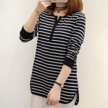 나루니 W03861 여성긴팔티 여성티셔츠 여름 봄 줄무늬 스프라이트 블랙 네이비 트임넥 예쁜
