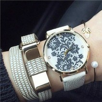 흰색 꽃무늬 골드 프레임 손목 시계 쿼츠 패션 여성 여성 여자 데일리 포인트 다이얼 아날로그 기념일 생일 선물 여성시계 여자시계 패션손목시계 팔찌형시계 뱅글시계 가죽밴드 심플 고급