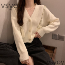 vsyoy 프랑스 작은 향수 v-neck 짧은 스웨터 여성의 2022 가을 새로운 복고풍 느슨한 긴 소매 니트 카디건 코트