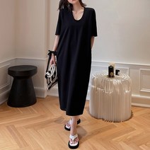 잇츠스타일 빅사이즈 U넥 롱티셔츠 블랙 반팔 원피스