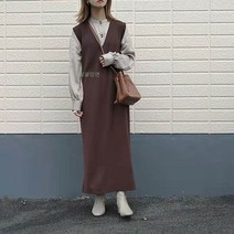꿀꿀민연 브이넥 민소매 솔리드 나시 원피스 민소매 원피스 롱원피스