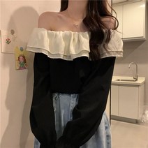 프릴 러플 오프숄더 면 보세 바스락 셔츠 크롭 숏 블라우스 긴팔 루즈핏 블랙 흰색 SY