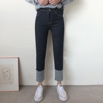 다미로그 여성용 진청 스판 롤업 데님 일자 청바지