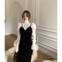 레이스 뷔스티에원피스 햅번 무드 트임 허리보정 벨벳 끈나시 여성 목폴라 벌룬소매 쉬폰 상의 룩 2602615310
