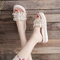 진주장식 슬리퍼 큐빅슬리퍼 바캉스룩 힐 높이 5cm 통굽