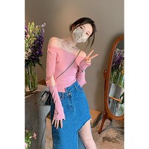 blackburn초가을 상의 여 긴팔 오프숄더 니트 여 얇은 블랙 일자 어깨 상의 여