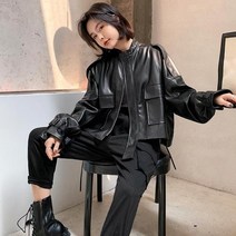 여성가죽조끼 Fmfssom 큰 주머니 느슨한 디자인 bf motobike 지퍼 퍼프 슬리브 세련된 레이디 pu 자켓