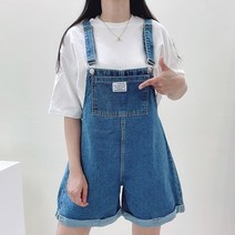 매일리룩 여성 패치 데님 반바지 멜빵 숏 점프수트 팬츠