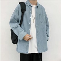 후쿠호 남성용 캐주얼 포켓 데님셔츠 청남방