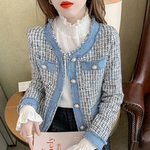 K.ONLINE SHOP토넛 진주데님 배색 트위드 노카라자켓 봄신상 트위드자켓 청자켓 가죽자켓