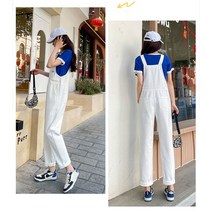 YI MING 패션 거리 트렌드 여성 화이트 데님 멜빵바지 와이드 멜빵바지 F380