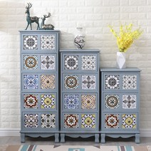 엔틱서랍장 3단 4단 고가구 수납 서랍장 세트, 그린 6 그리드