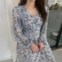 릴리티 / 해피니스 플라워 원피스/슬림핏 브이 랩 스타일 밴딩 허리 스트랩 벌룬소매 미니 3컬러