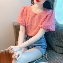 지9차이나 라운드넥 루즈 탑 핑크 반팔 블라우스