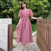 체크 퍼프 셔링 포인트 A라인 랩스타일 원피스