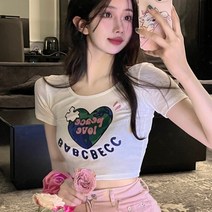반팔 크롭 티셔츠 화이트 스퀘어넥 여성용 여름 데일리 배꼽 탑 걸 슬림 셔츠