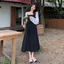 여름 빅사이즈 허리 조임 날씬해 보이는 원피스 여 자외선 차단 케이프 나시 셔링 스몰 블랙 스커트