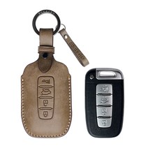 [에첼소] 현대 기아 가죽 스마트키케이스 자동차키홀더, 미니스트랩 - 각인 한줄, HK-02(현대 로고), 빈티지 머드그레이