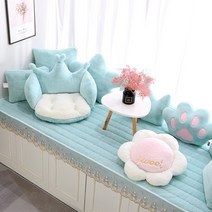윈도우 시트 침실 아파트 거실 벤치 쿠션 창틀 매트 창가 소파 공간 발코니 의자 창틀매트 쿠션 세트, 토끼 봉제 레이스 오션 블루