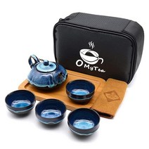 OMyTea 여행용 일본 차 세트 - 중국 아시아 쿵푸 공푸 도자기 차 세트 - 찻주전자 찻잔 4개 대나무 티 트레이 티 타월 정리 보관 케이스 포함 (블루 펌킨), Blue Pumpkin
