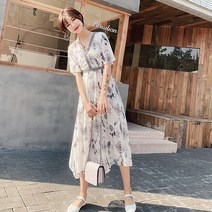 여름 브이넥 롱 원피스 보헤미안스타일 시폰