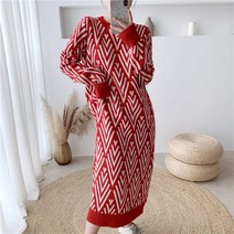 티티웍스 여성 니트 여자 니트 여성스웨터 여자스웨터 줄무늬 패턴 롱 니트원피스 여자 긴팔 라운드 롱원피스 홈웨어 라운드넥 원피스 가을원피스 겨울원피스 롱 니트 원피스