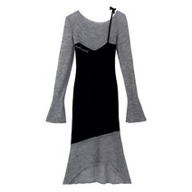 여성 투톤 롱 원피스 투피스 오프 숄더 긴팔 니트 드레스 봄 신작 중간 길이