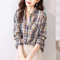 Atom 쉬즈미스블라우스 홍콩풍 문예 체크 셔츠 여 긴팔 봄옷 기질 빈티지 순면 셔츠 상의 레깅스