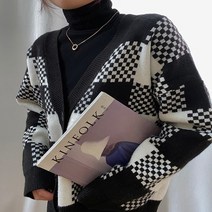 주디앤 여성 차도녀 체크 니트 가디건 스웨터 루즈핏 리빙공감