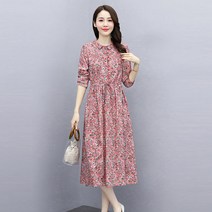 쩐쿠 봄 여성 카라넥 단추 플라워 꽃무늬 7부 롱 원피스 Z62