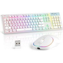 무선 게이밍 키보드 마우스 콤보 MageGee V550 2.4G 충전식 RGB 백릿 클리어 Shell 풀 사이즈 방수 1600DPI LED Mice PC/노트북 랩탑 - 화이트, White